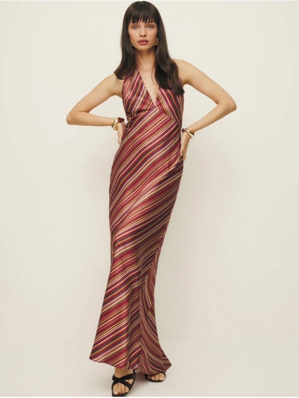 Reformation Daniela Silk Burgundy and Pink Diagonal-Stripe Halter Maxi Dress